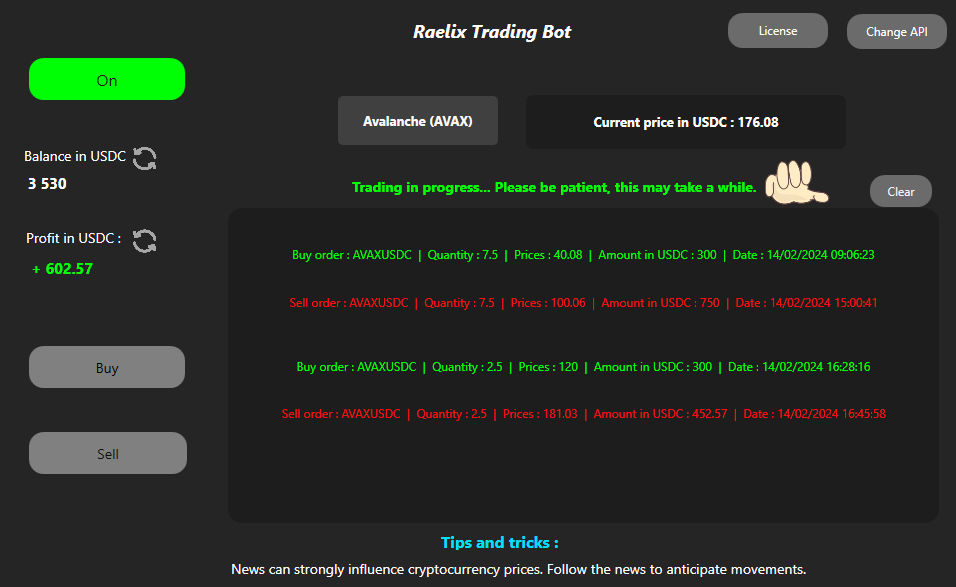 Capture d'écran de l'application avec le robot d'activé.
